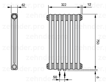 Схема (чертеж) Радиатор Zehnder Charleston 2075/7 №5410 Белый глянцевый RAL 9016
